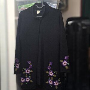 Vintage Above the Knee Cardigan Sweater with  Embroidered Floral Accents